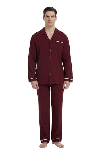 GLOBAL Herren Schlafanzug Lang Baumwolle Nightwear Set Langarm Shirt mit Tasche Pyjamahose Zweiteilig Set Nachtwäsche Weinrot XL von GLOBAL