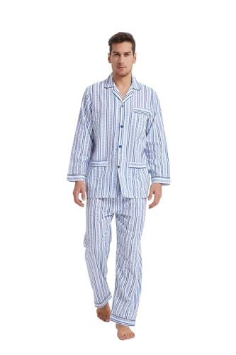 GLOBAL Herren Schlafanzug Lang Baumwolle Pyjama Set Zweiteiliger Nachtwäsche Langarm Shirt V Ausschnitt Taschen Knopfleiste Loungehose Band Nightwear Blau Gestreiftes Rautenkaro S von GLOBAL
