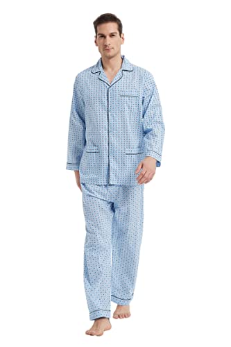 GLOBAL Herren Schlafanzug Lang Baumwolle Pyjama Set Zweiteiliger Nachtwäsche Langarm Shirt V Ausschnitt Taschen Knopfleiste Loungehose Band Nightwear Blauer Hintergrund Blaues Rotes Quadrat XL von GLOBAL