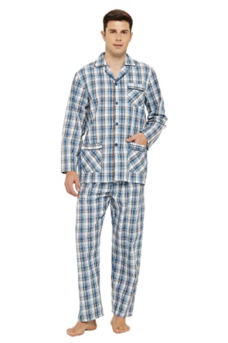 GLOBAL Herren Schlafanzug Lang Baumwolle Pyjama Set Zweiteiliger Nachtwäsche Langarm Shirt V Ausschnitt Taschen Knopfleiste Loungehose Band Nightwear Braun Blau Plaid XL von GLOBAL