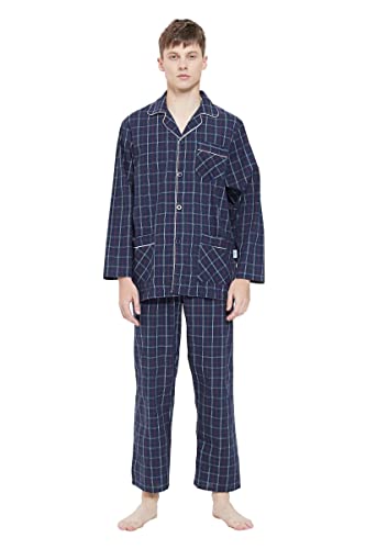 GLOBAL Herren Schlafanzug Lang Baumwolle Pyjama Set Zweiteiliger Nachtwäsche Langarm Shirt V Ausschnitt Taschen Knopfleiste Loungehose Band Nightwear Dunkelblau Kariert M von GLOBAL