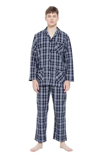 GLOBAL Herren Schlafanzug Lang Baumwolle Pyjama Set Zweiteiliger Nachtwäsche Langarm Shirt V Ausschnitt Taschen Knopfleiste Loungehose Band Nightwear Elegantes Indigo-Karo XXL von GLOBAL