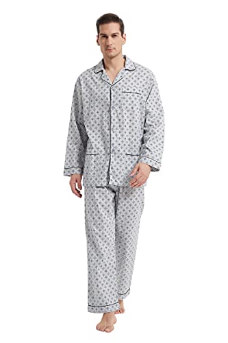 GLOBAL Herren Schlafanzug Lang Baumwolle Pyjama Set Zweiteiliger Nachtwäsche Langarm Shirt V Ausschnitt Taschen Knopfleiste Loungehose Band Nightwear Grauer Hintergrund Blaues Quadrat XL von GLOBAL