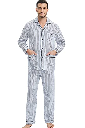 GLOBAL Herren Schlafanzug Lang Baumwolle Pyjama Set Zweiteiliger Nachtwäsche Langarm Shirt V Ausschnitt Taschen Knopfleiste Loungehose Band Nightwear Hellblaue Streifen XL von GLOBAL