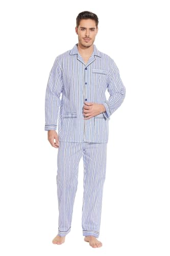 GLOBAL Herren Schlafanzug Lang Zweiteiliger' Pyjamaset Baumwolle Button Down Nachtwäsche Herren Pjs Set Oberteil & Hose Loungewear Nightwear Set,Blaue Streifen,XL von GLOBAL