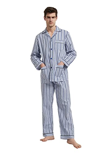 GLOBAL Herren Schlafanzug Lang Zweiteiliger' Pyjamaset Baumwolle Button Down Nachtwäsche Herren Pjs Set Oberteil & Hose Loungewear Nightwear Set Blau Grauer Streifen L von GLOBAL