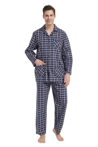 GLOBAL Herren Schlafanzug Lang Zweiteiliger' Pyjamaset Baumwolle Button Down Nachtwäsche Herren Pjs Set Oberteil & Hose Loungewear Nightwear Set Blau Kariert,M von GLOBAL