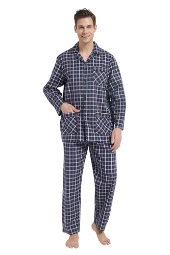 GLOBAL Herren Schlafanzug Lang Zweiteiliger' Pyjamaset Baumwolle Button Down Nachtwäsche Herren Pjs Set Oberteil & Hose Loungewear Nightwear Set Blau Kariert,XL von GLOBAL