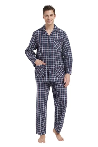 GLOBAL Herren Schlafanzug Lang Zweiteiliger' Pyjamaset Baumwolle Button Down Nachtwäsche Herren Pjs Set Oberteil & Hose Loungewear Nightwear Set Blau Kariert,XXL von GLOBAL