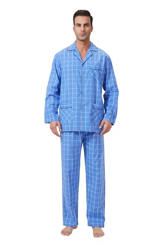 GLOBAL Herren Schlafanzug Lang Zweiteiliger' Pyjamaset Baumwolle Button Down Nachtwäsche Herren Pjs Set Oberteil & Hose Loungewear Nightwear Set Blau Kariert L von GLOBAL