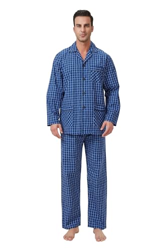 GLOBAL Herren Schlafanzug Lang Zweiteiliger' Pyjamaset Baumwolle Button Down Nachtwäsche Herren Pjs Set Oberteil & Hose Loungewear Nightwear Set Blau Kariert M von GLOBAL