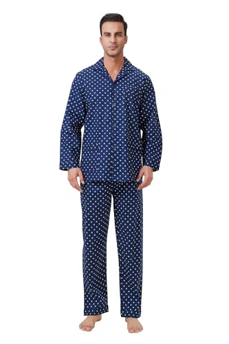 GLOBAL Herren Schlafanzug Lang Zweiteiliger' Pyjamaset Baumwolle Button Down Nachtwäsche Herren Pjs Set Oberteil & Hose Loungewear Nightwear Set Blau L von GLOBAL