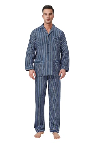 GLOBAL Herren Schlafanzug Lang Zweiteiliger' Pyjamaset Baumwolle Button Down Nachtwäsche Herren Pjs Set Oberteil & Hose Loungewear Nightwear Set Blau M von GLOBAL