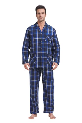 GLOBAL Herren Schlafanzug Lang Zweiteiliger' Pyjamaset Baumwolle Button Down Nachtwäsche Herren Pjs Set Oberteil & Hose Loungewear Nightwear Set Blau Schwarz Gelb Kariert,L von GLOBAL