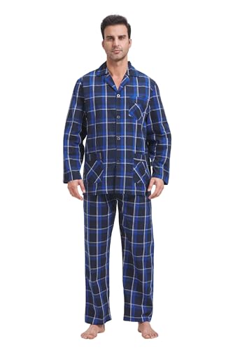 GLOBAL Herren Schlafanzug Lang Zweiteiliger' Pyjamaset Baumwolle Button Down Nachtwäsche Herren Pjs Set Oberteil & Hose Loungewear Nightwear Set Blau Schwarz Gelb Kariert,S von GLOBAL