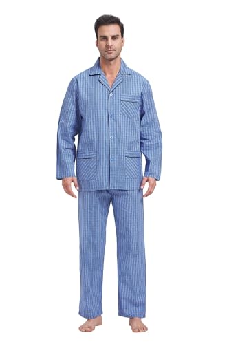 GLOBAL Herren Schlafanzug Lang Zweiteiliger' Pyjamaset Baumwolle Button Down Nachtwäsche Herren Pjs Set Oberteil & Hose Loungewear Nightwear Set Blau Schwarz Kariert,L von GLOBAL