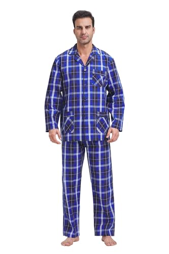 GLOBAL Herren Schlafanzug Lang Zweiteiliger' Pyjamaset Baumwolle Button Down Nachtwäsche Herren Pjs Set Oberteil & Hose Loungewear Nightwear Set Blau Schwarz Kariert,XL von GLOBAL