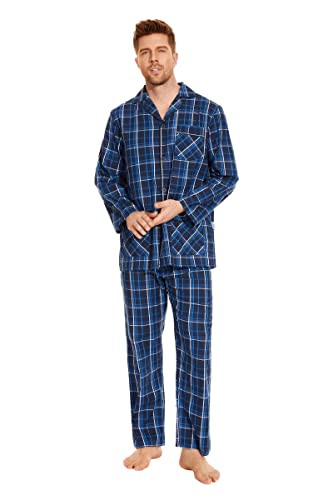 GLOBAL Herren Schlafanzug Lang Zweiteiliger' Pyjamaset Baumwolle Button Down Nachtwäsche Herren Pjs Set Oberteil & Hose Loungewear Nightwear Set Blau Schwarz Kariert S von GLOBAL