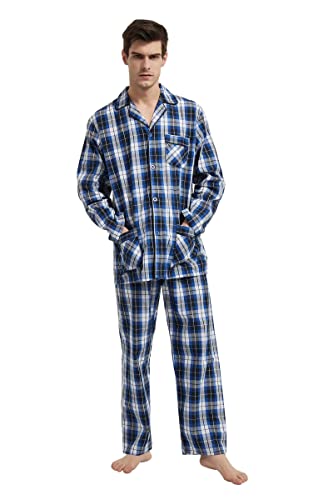 GLOBAL Herren Schlafanzug Lang Zweiteiliger' Pyjamaset Baumwolle Button Down Nachtwäsche Herren Pjs Set Oberteil & Hose Loungewear Nightwear Set Blau Weiß Kariert XL von GLOBAL