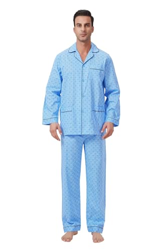 GLOBAL Herren Schlafanzug Lang Zweiteiliger' Pyjamaset Baumwolle Button Down Nachtwäsche Herren Pjs Set Oberteil & Hose Loungewear Nightwear Set Blau XL von GLOBAL