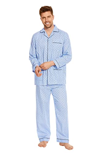 GLOBAL Herren Schlafanzug Lang Zweiteiliger' Pyjamaset Baumwolle Button Down Nachtwäsche Herren Pjs Set Oberteil & Hose Loungewear Nightwear Set Blaue Geometrische 3XL von GLOBAL