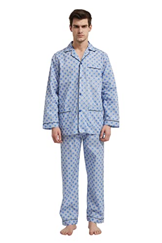 GLOBAL Herren Schlafanzug Lang Zweiteiliger' Pyjamaset Baumwolle Button Down Nachtwäsche Herren Pjs Set Oberteil & Hose Loungewear Nightwear Set Blaue Geometrische 3XL von GLOBAL