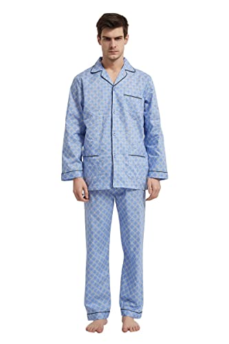 GLOBAL Herren Schlafanzug Lang Zweiteiliger' Pyjamaset Baumwolle Button Down Nachtwäsche Herren Pjs Set Oberteil & Hose Loungewear Nightwear Set Blaue Geometrische L von GLOBAL