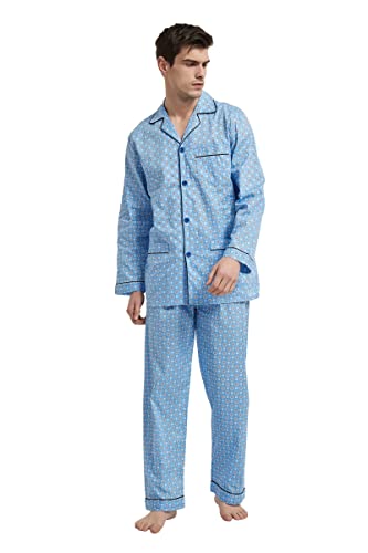 GLOBAL Herren Schlafanzug Lang Zweiteiliger' Pyjamaset Baumwolle Button Down Nachtwäsche Herren Pjs Set Oberteil & Hose Loungewear Nightwear Set Blaue Geometrische M von GLOBAL