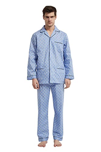 GLOBAL Herren Schlafanzug Lang Zweiteiliger' Pyjamaset Baumwolle Button Down Nachtwäsche Herren Pjs Set Oberteil & Hose Loungewear Nightwear Set Blaue Geometrische M von GLOBAL