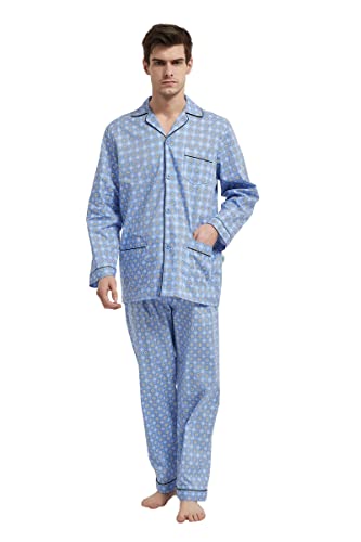 GLOBAL Herren Schlafanzug Lang Zweiteiliger' Pyjamaset Baumwolle Button Down Nachtwäsche Herren Pjs Set Oberteil & Hose Loungewear Nightwear Set Blaue Geometrische XXL von GLOBAL