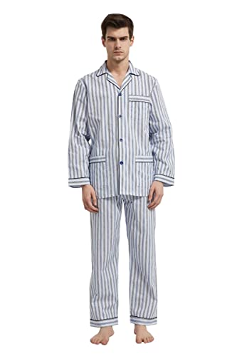 GLOBAL Herren Schlafanzug Lang Zweiteiliger' Pyjamaset Baumwolle Button Down Nachtwäsche Herren Pjs Set Oberteil & Hose Loungewear Nightwear Set Blaue Schwarze Streifen M von GLOBAL