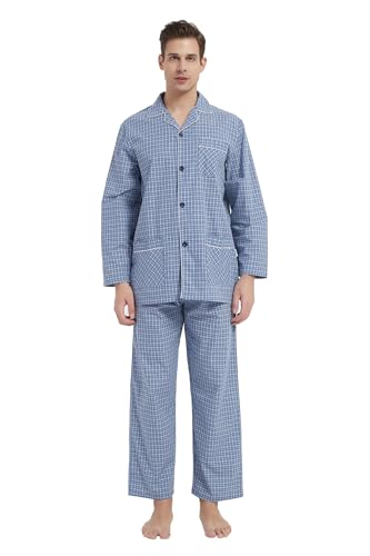 GLOBAL Herren Schlafanzug Lang Zweiteiliger' Pyjamaset Baumwolle Button Down Nachtwäsche Herren Pjs Set Oberteil & Hose Loungewear Nightwear Set Blaues Feines Gittermuster,L von GLOBAL