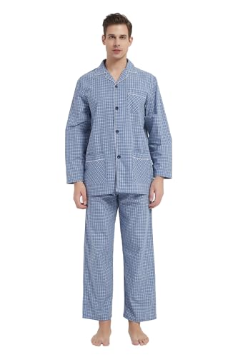 GLOBAL Herren Schlafanzug Lang Zweiteiliger' Pyjamaset Baumwolle Button Down Nachtwäsche Herren Pjs Set Oberteil & Hose Loungewear Nightwear Set Blaues Feines Gittermuster,XXL von GLOBAL
