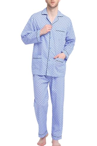 GLOBAL Herren Schlafanzug Lang Zweiteiliger' Pyjamaset Baumwolle Button Down Nachtwäsche Herren Pjs Set Oberteil & Hose Loungewear Nightwear Set Blaues Gitter L von GLOBAL