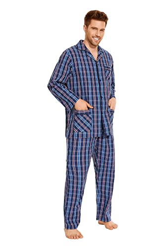 GLOBAL Herren Schlafanzug Lang Zweiteiliger' Pyjamaset Baumwolle Button Down Nachtwäsche Herren Pjs Set Oberteil & Hose Loungewear Nightwear Set Blaues Rotes Gitter L von GLOBAL