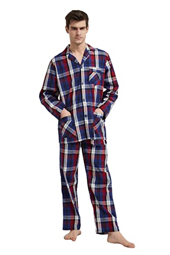 GLOBAL Herren Schlafanzug Lang Zweiteiliger' Pyjamaset Baumwolle Button Down Nachtwäsche Herren Pjs Set Oberteil & Hose Loungewear Nightwear Set Blaues Rotes Gitter S von GLOBAL