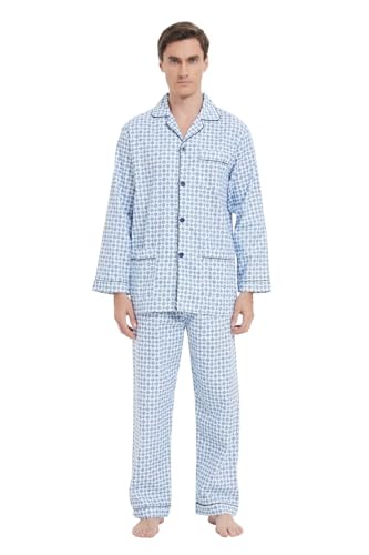 GLOBAL Herren Schlafanzug Lang Zweiteiliger' Pyjamaset Baumwolle Button Down Nachtwäsche Herren Pjs Set Oberteil & Hose Loungewear Nightwear Set Blaues Traumkaro L von GLOBAL