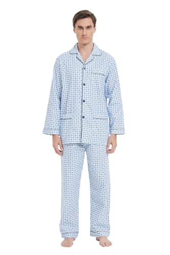 GLOBAL Herren Schlafanzug Lang Zweiteiliger' Pyjamaset Baumwolle Button Down Nachtwäsche Herren Pjs Set Oberteil & Hose Loungewear Nightwear Set Blaues Traumkaro S von GLOBAL