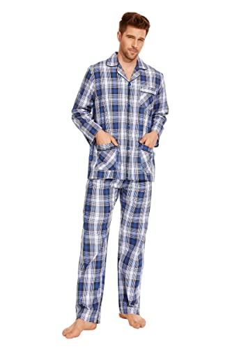 GLOBAL Herren Schlafanzug Lang Zweiteiliger' Pyjamaset Baumwolle Button Down Nachtwäsche Herren Pjs Set Oberteil & Hose Loungewear Nightwear Set Blaues Weißes Gitter L von GLOBAL