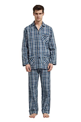 GLOBAL Herren Schlafanzug Lang Zweiteiliger' Pyjamaset Baumwolle Button Down Nachtwäsche Herren Pjs Set Oberteil & Hose Loungewear Nightwear Set Blaugraues Gitter S von GLOBAL