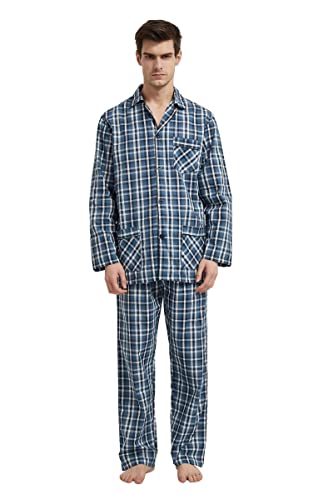 GLOBAL Herren Schlafanzug Lang Zweiteiliger' Pyjamaset Baumwolle Button Down Nachtwäsche Herren Pjs Set Oberteil & Hose Loungewear Nightwear Set Blaugraues Gitter XXL von GLOBAL