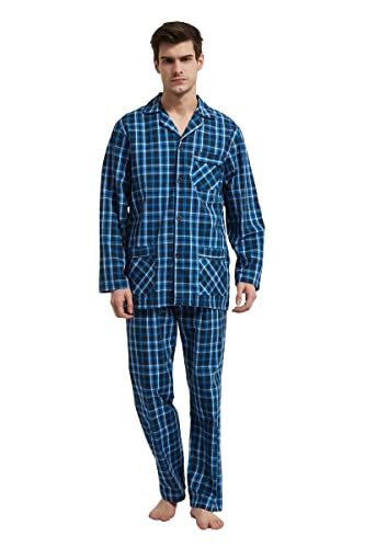 GLOBAL Herren Schlafanzug Lang Zweiteiliger' Pyjamaset Baumwolle Button Down Nachtwäsche Herren Pjs Set Oberteil & Hose Loungewear Nightwear Set Dunkelblaues Gitter M von GLOBAL