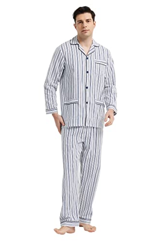 GLOBAL Herren Schlafanzug Lang Zweiteiliger' Pyjamaset Baumwolle Button Down Nachtwäsche Herren Pjs Set Oberteil & Hose Loungewear Nightwear Set Graublaue Streifen L von GLOBAL