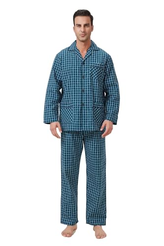 GLOBAL Herren Schlafanzug Lang Zweiteiliger' Pyjamaset Baumwolle Button Down Nachtwäsche Herren Pjs Set Oberteil & Hose Loungewear Nightwear Set Grün Kariert XL von GLOBAL