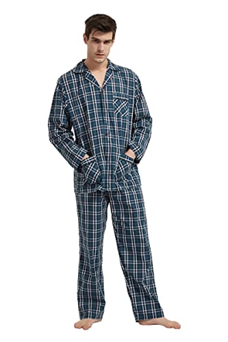 GLOBAL Herren Schlafanzug Lang Zweiteiliger' Pyjamaset Baumwolle Button Down Nachtwäsche Herren Pjs Set Oberteil & Hose Loungewear Nightwear Set Grünes Schwarzes Gitter XL von GLOBAL