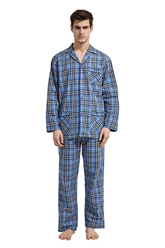 GLOBAL Herren Schlafanzug Lang Zweiteiliger' Pyjamaset Baumwolle Button Down Nachtwäsche Herren Pjs Set Oberteil & Hose Loungewear Nightwear Set Himmelblaues Gitter L von GLOBAL