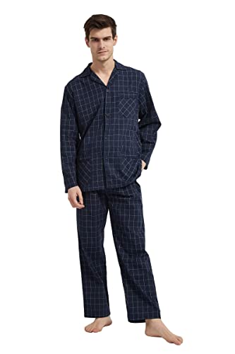 GLOBAL Herren Schlafanzug Lang Zweiteiliger' Pyjamaset Baumwolle Button Down Nachtwäsche Herren Pjs Set Oberteil & Hose Loungewear Nightwear Set Norwegisches Blaues Plaid S von GLOBAL