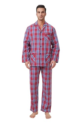 GLOBAL Herren Schlafanzug Lang Zweiteiliger' Pyjamaset Baumwolle Button Down Nachtwäsche Herren Pjs Set Oberteil & Hose Loungewear Nightwear Set Rot Kariert XXL von GLOBAL