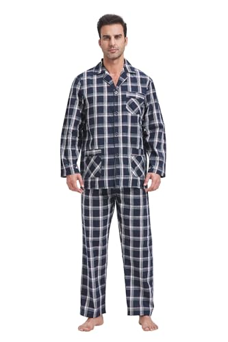 GLOBAL Herren Schlafanzug Lang Zweiteiliger' Pyjamaset Baumwolle Button Down Nachtwäsche Herren Pjs Set Oberteil & Hose Loungewear Nightwear Set Rot Schwarz Kariert,L von GLOBAL