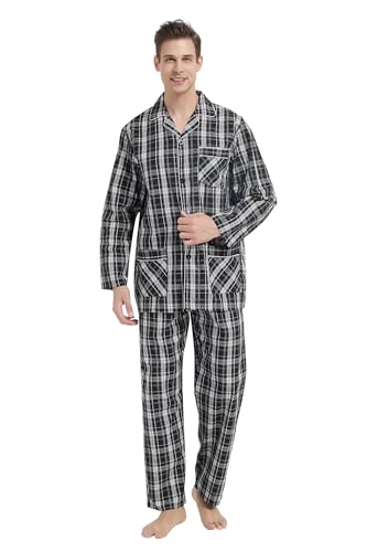 GLOBAL Herren Schlafanzug Lang Zweiteiliger' Pyjamaset Baumwolle Button Down Nachtwäsche Herren Pjs Set Oberteil & Hose Loungewear Nightwear Set Schwarz Kariert,L von GLOBAL